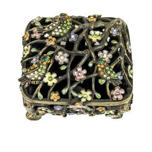 Vintage Decorative Trinket Box or Engagement Ring Box metal with flowers & birds